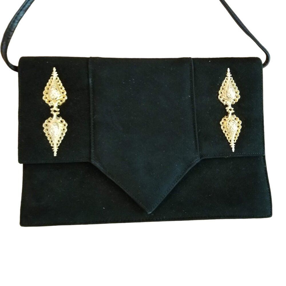 Vintage Susan Gail Black Suede Clutch Crossbody Evening Bag Purse Gold Art Deco